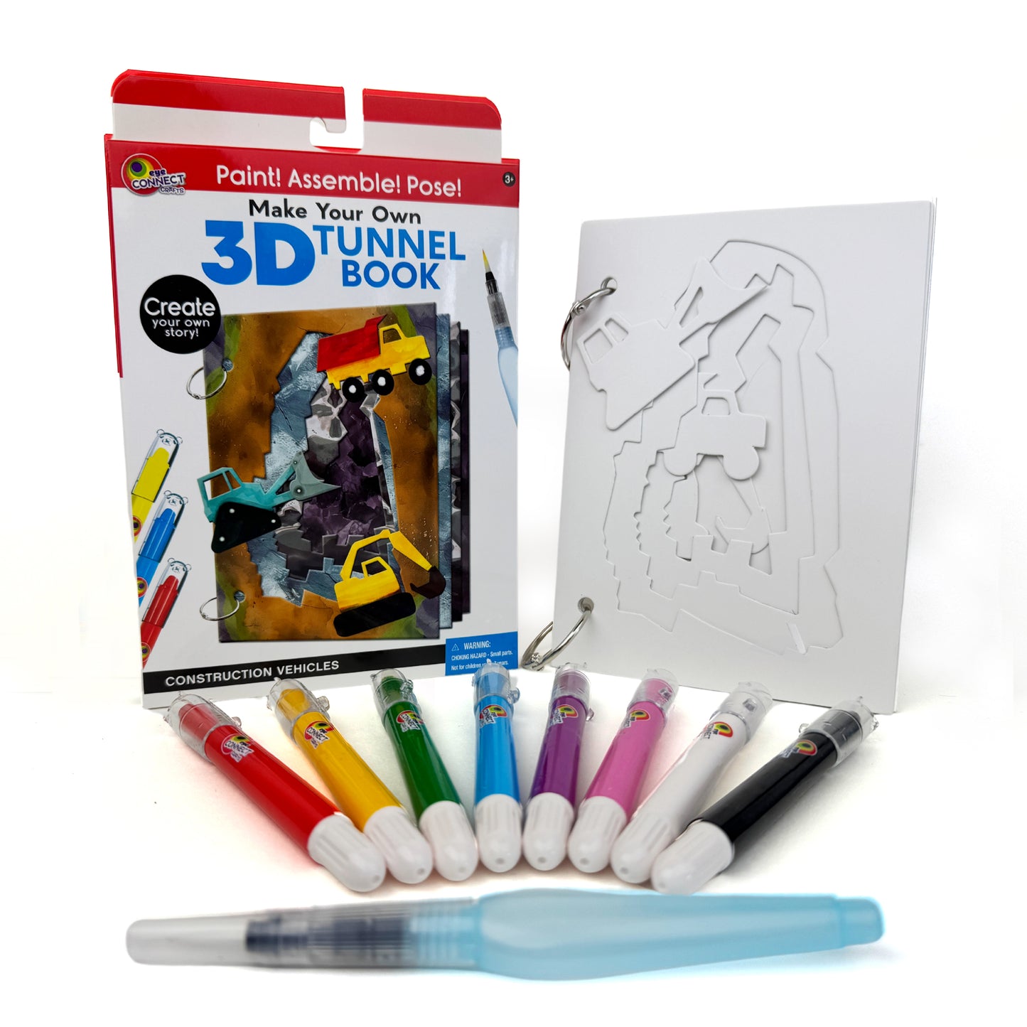 Contents of the DIY 3D Tunnel Book, Cats and Kittens art and craft kit. Comes with 4 thick sturdy cardstock pages, 2 metal rings, 8 twist up watercolor crayons and a water brush pen. PLEASE NOTE: Waterbrush pen opens in the opposite direction! Twist clockwise to open!
