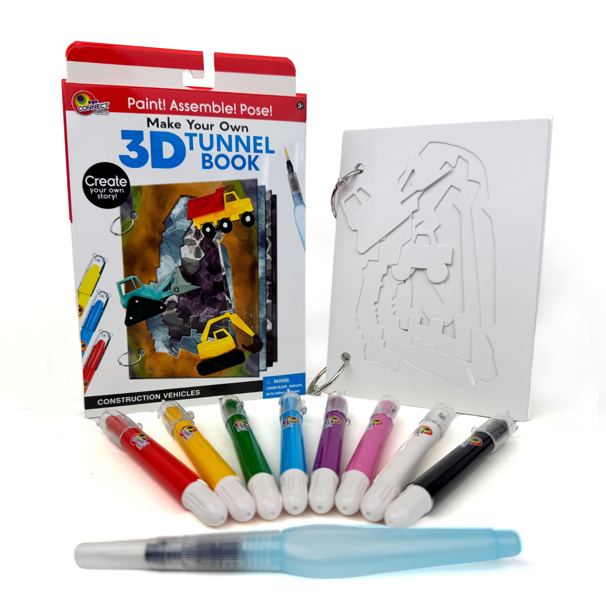 Contents of the DIY 3D Tunnel Book, Cats and Kittens art and craft kit. Comes with 4 thick sturdy cardstock pages, 2 metal rings, 8 twist up watercolor crayons and a water brush pen. PLEASE NOTE: Waterbrush pen opens in the opposite direction! Twist clockwise to open!
