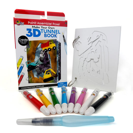 Contents of the DIY 3D Tunnel Book, Cats and Kittens art and craft kit. Comes with 4 thick sturdy cardstock pages, 2 metal rings, 8 twist up watercolor crayons and a water brush pen. PLEASE NOTE: Waterbrush pen opens in the opposite direction! Twist clockwise to open!