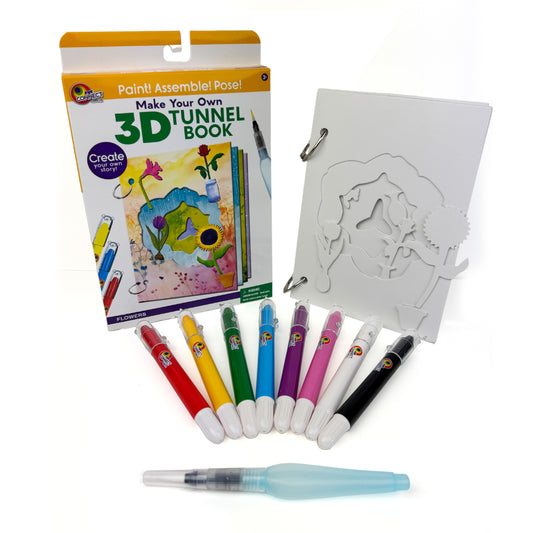 Contents of the DIY 3D Tunnel Book, Mini Flowers and Pots art and craft kits. Comes with 8 twist up watercolor crayons and a water brush pen. PLEASE NOTE: Water brush pen opens in the opposite direction! Twist clockwise to open!
