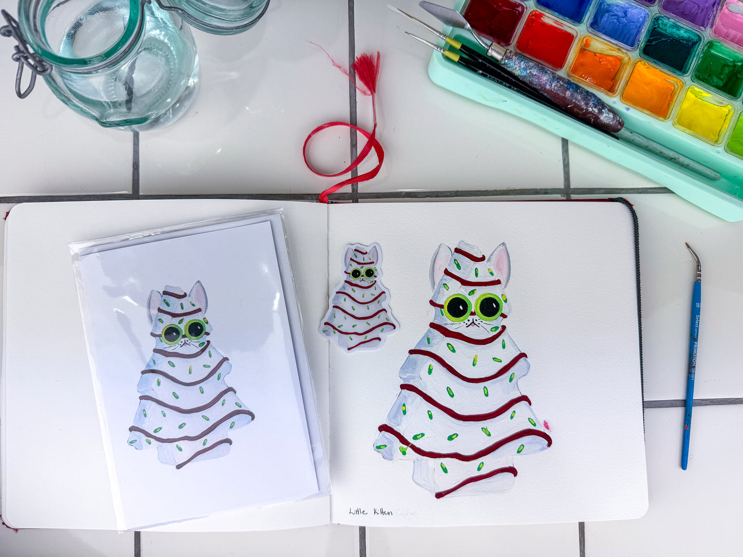 KITTIE SWEETS, BLANK GREETING CARD - Christmas Tree Cake