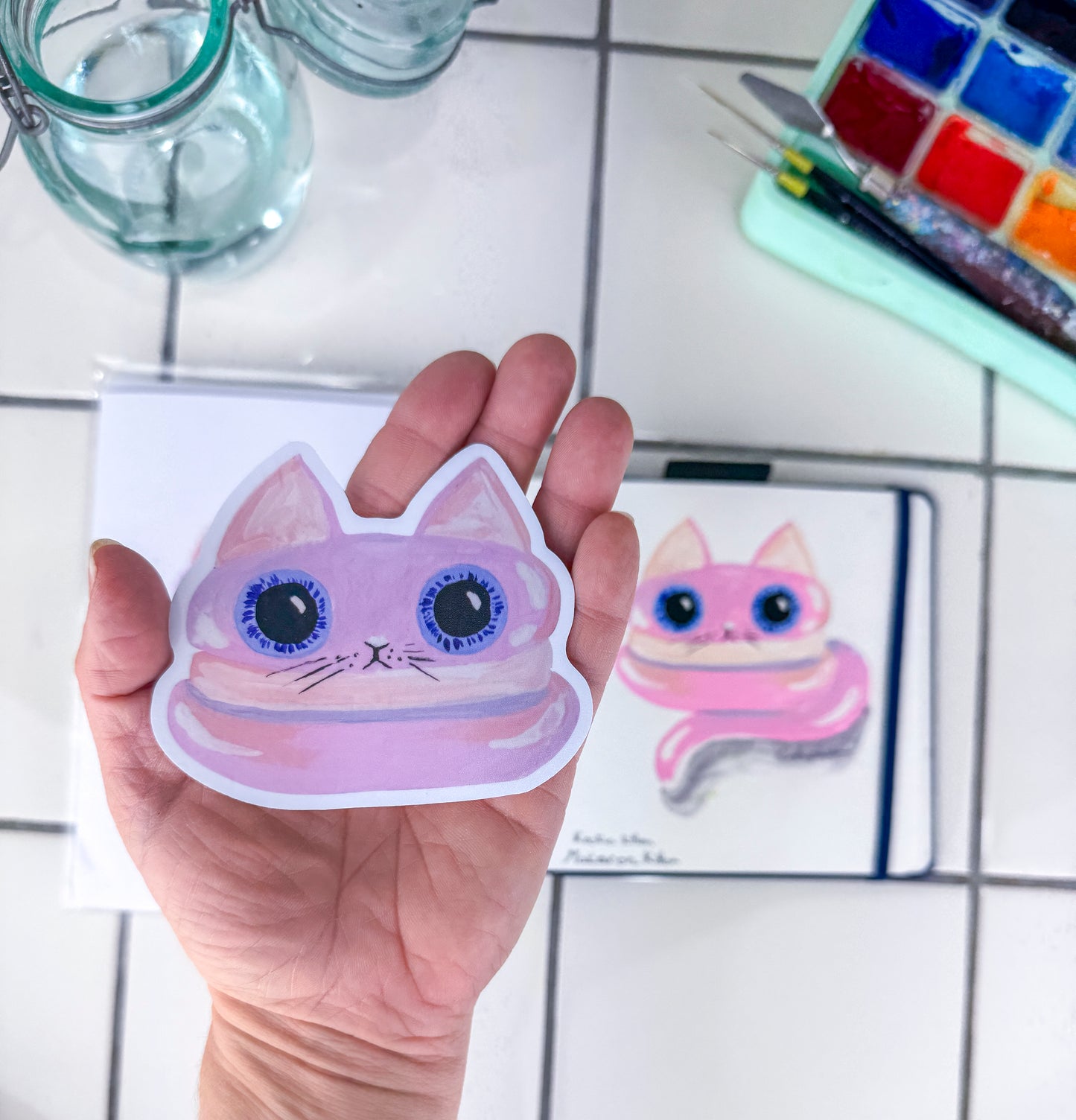 KITTIE SWEETS, STICKER - Pink Macaroon Kitten