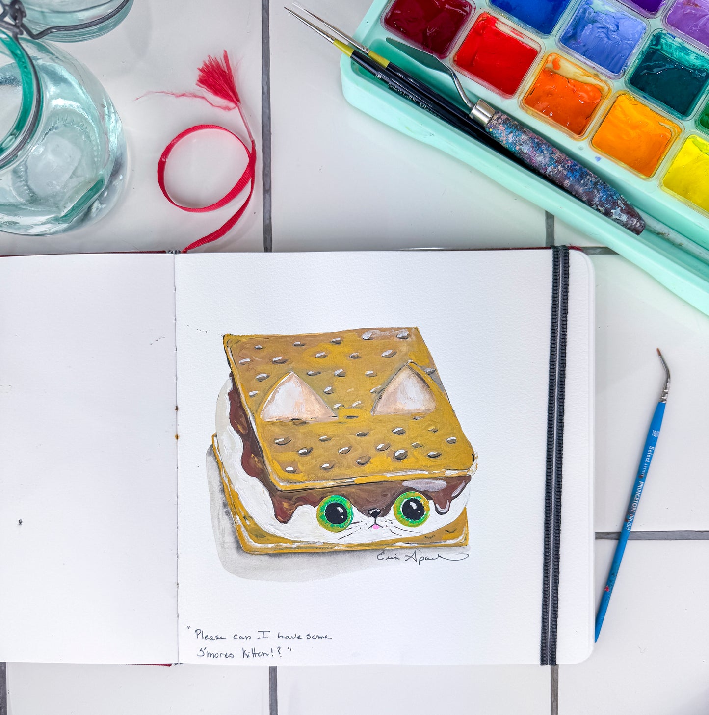 KITTIE SWEETS, BLANK GREETING CARD - Please Can I Have Some S'mores Kitten?