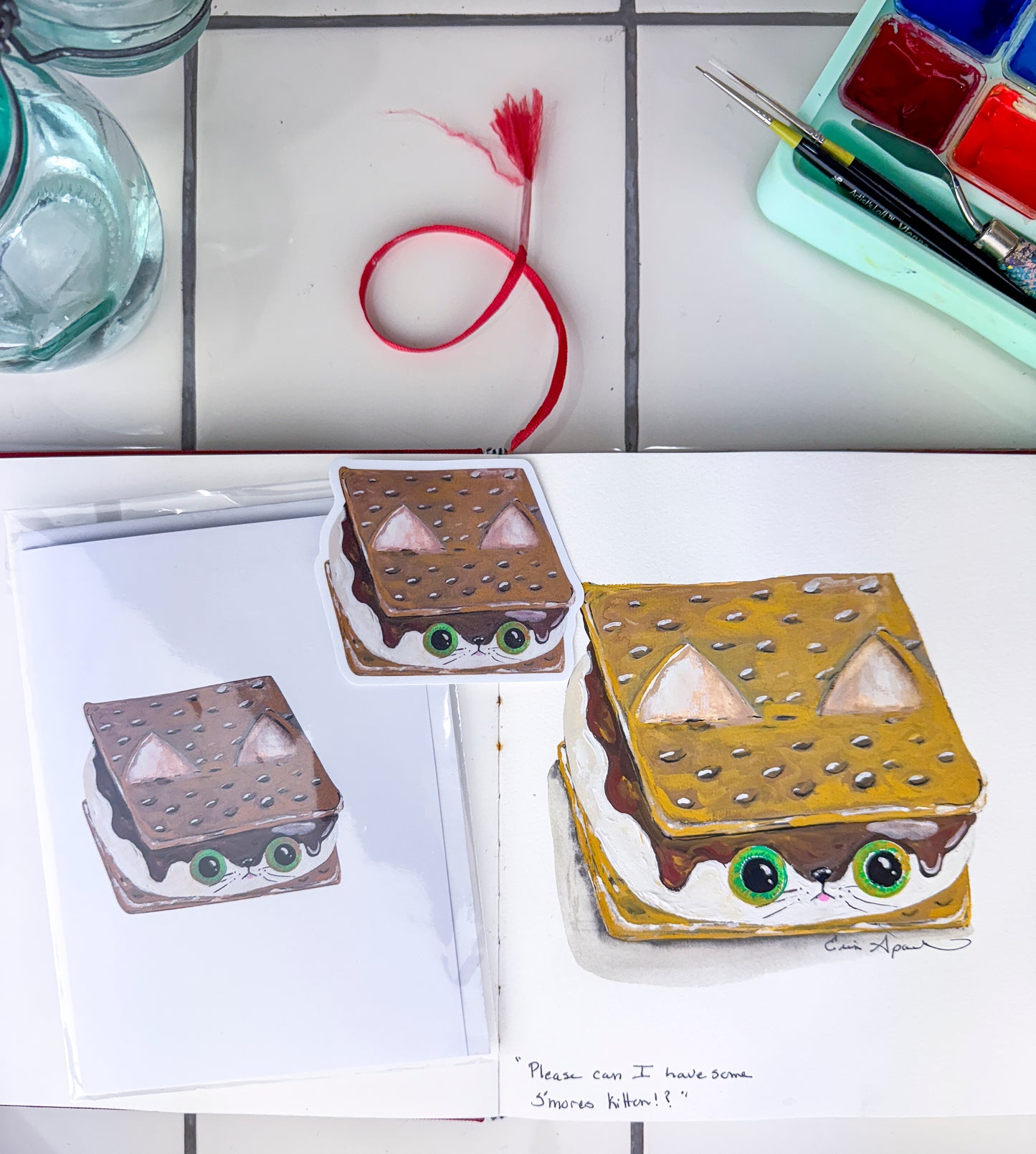 KITTIE SWEETS, BLANK GREETING CARD - Please Can I Have Some S'mores Kitten?