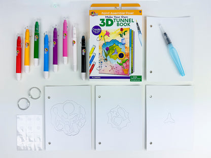 Contents of the DIY 3D Tunnel Book, Mini Flowers and Pots art and craft kit. Comes with 4 thick cardstock pages, 2 metal rings, 8 twist up watercolor crayons and a water brush pen. PLEASE NOTE: Water brush pen opens in the opposite direction! Twist clockwise to open! 