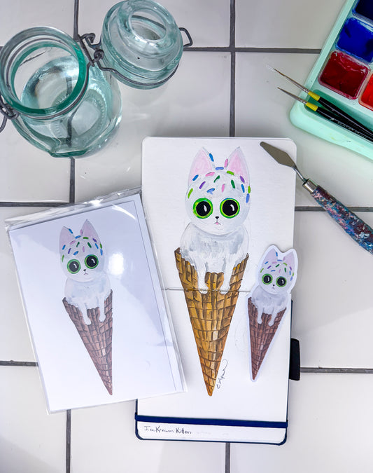 KITTIE SWEETS, BLANK GREETING CARD - Ice Cream Cone Kitten