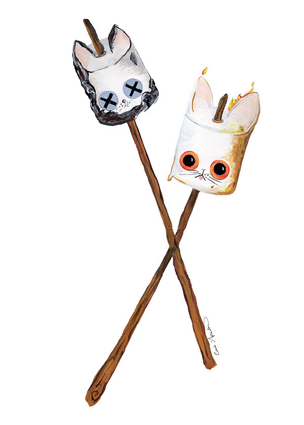 Two marshmallow  kittens on roasting sticks on a white background