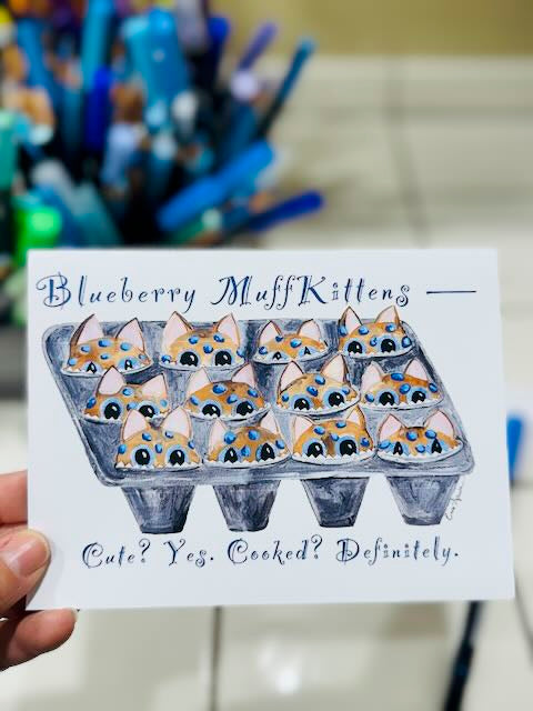 Blueberry Muffin Kitten Card | A6 Blank Greeting Stationery | The Kittie Sweets